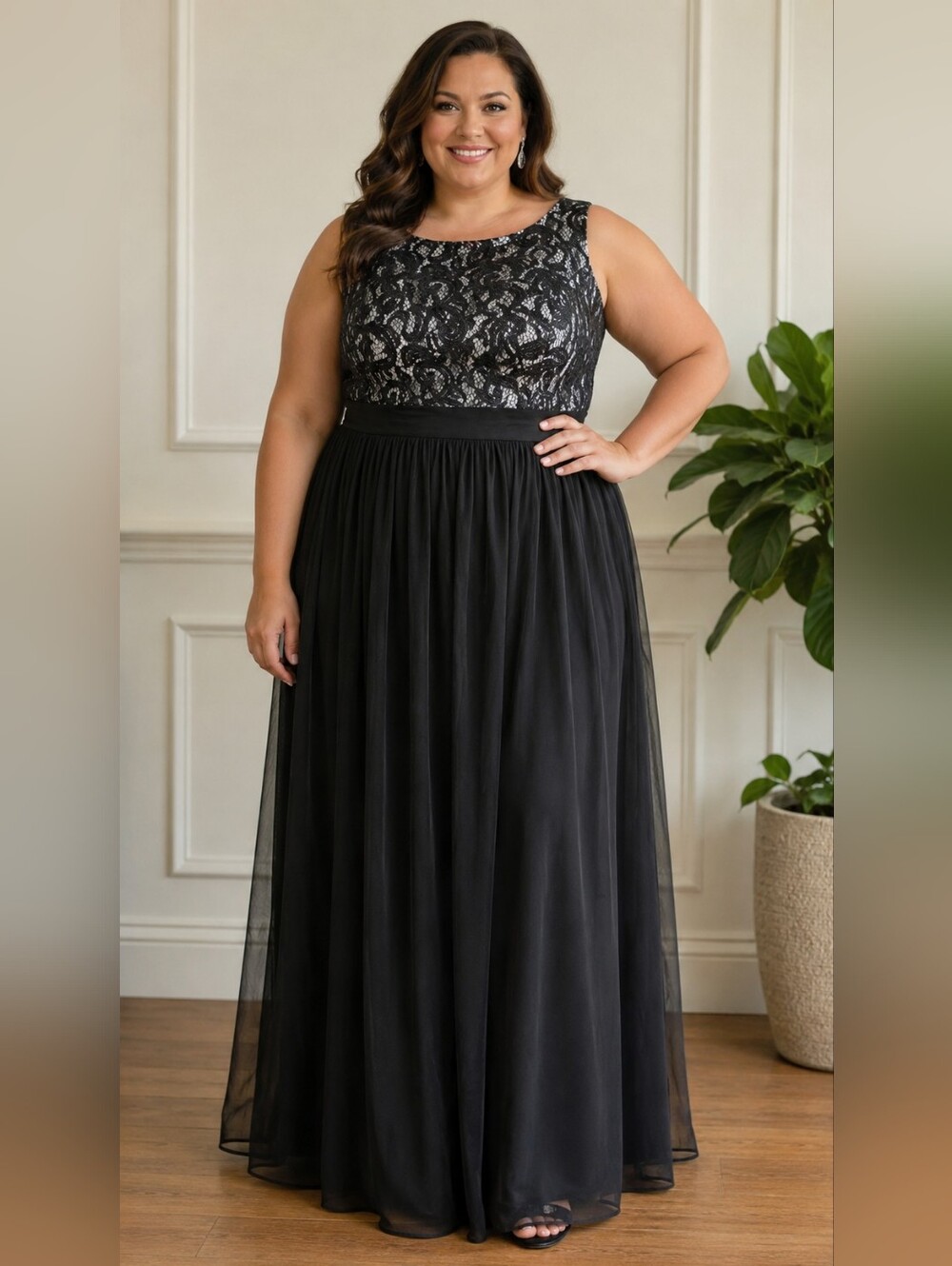 Jessica Howard Plus Size 18: Black Lace & Tulle Evening Gown